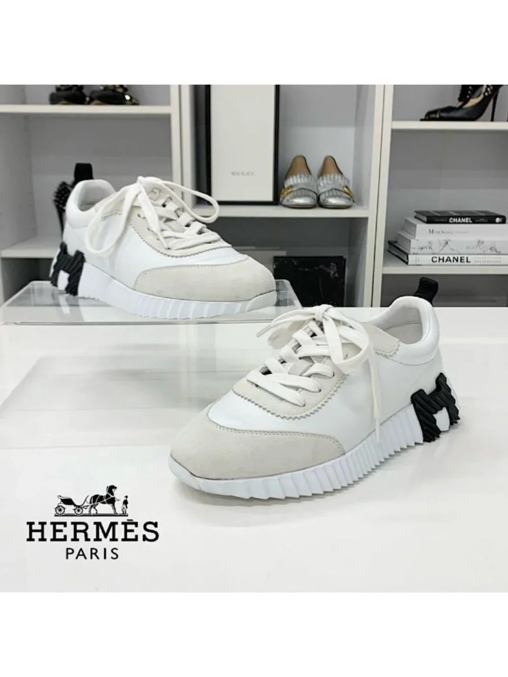 Hermes Bouncing Leather Suede Sneakers White